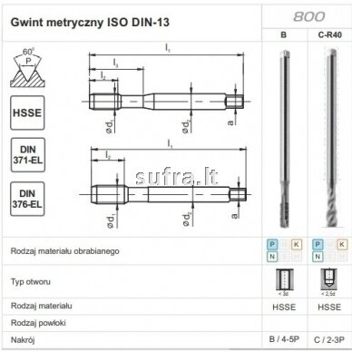 Mašininis sriegiklis HSSE, aklom skylėm,ilgas, DIN-371/376 C R40, 800EL 1