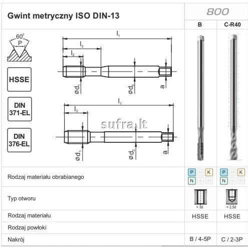 Mašininis sriegiklis HSSE, aklom skylėm,ilgas, DIN-371/376 C R40, 800EL 1