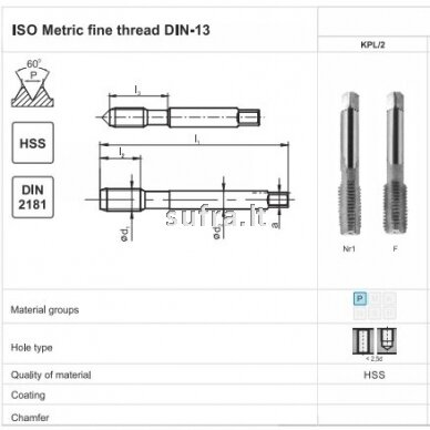 Rankinis sriegiklių komplektas iš HSS plieno, MF (smulkus sriegis) sistema, DIN-2181/2 1