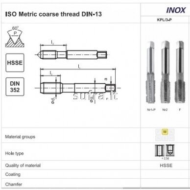 Rankinis sriegiklių komplektas iš HSSE plieno, DIN-352/3, INOX 1