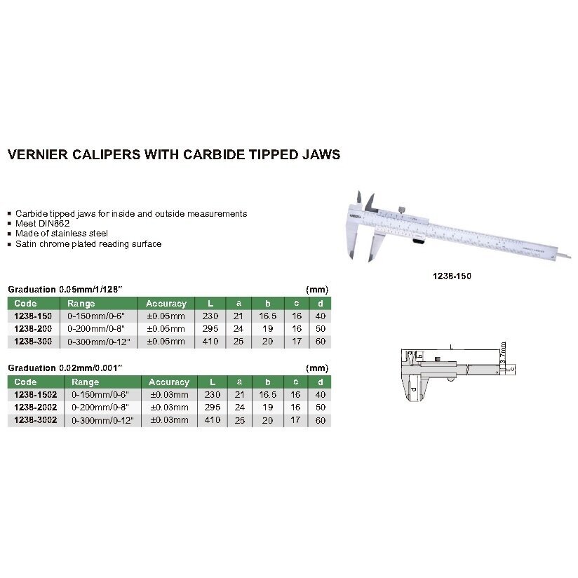 Slankmatis mechaninis su VHM plokštelėmis, padalos vertė 0.05 mm, INSIZE 2 Slankmatis mechaninis su VHM plokštelėmis, padalos vertė 0.05 mm, INSIZE 2